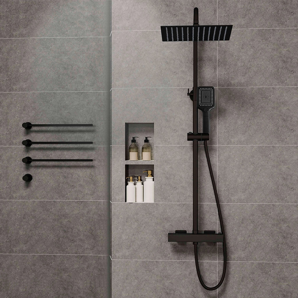 Grande soffione doccia 30x30cm con miscelatore termostatico e doccetta 25x10cm, nero