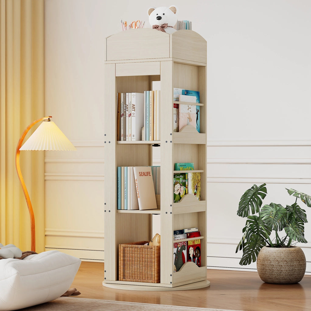 Libreria girevole 360° in MDF, 4 ripiani, colore naturale
