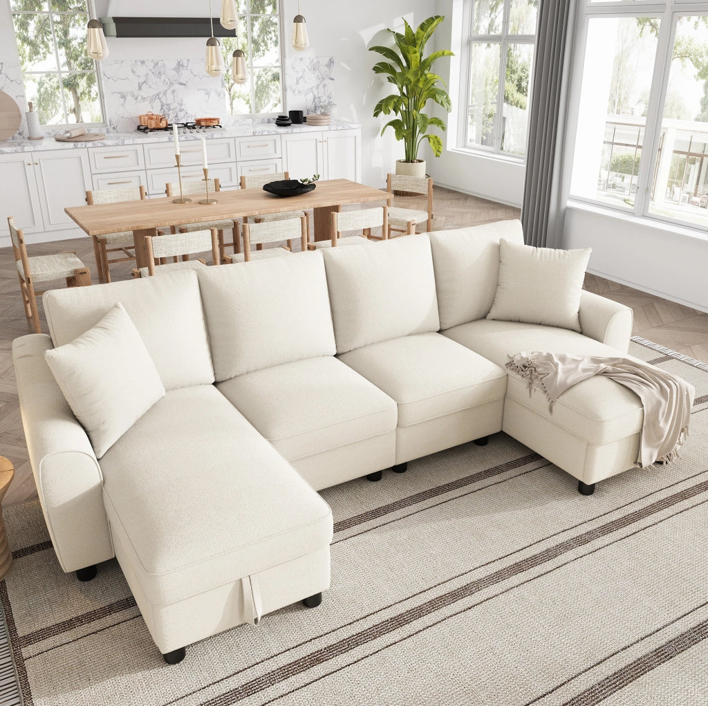 Divano a U in ciniglia beige con vano contenitore, 280 cm