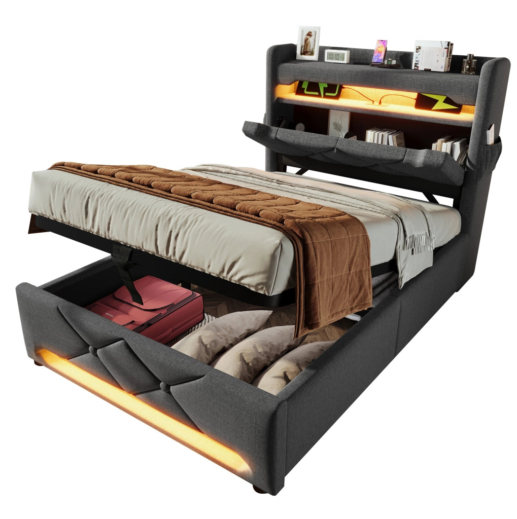 Letto singolo 90x200 cm con contenitore idraulico; LED 360掳; testiera con USB e Type-C; lino grigio