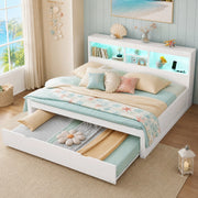 LETTO estraibile 140x200 cm bianco con LED, presa, USB e vano laterale