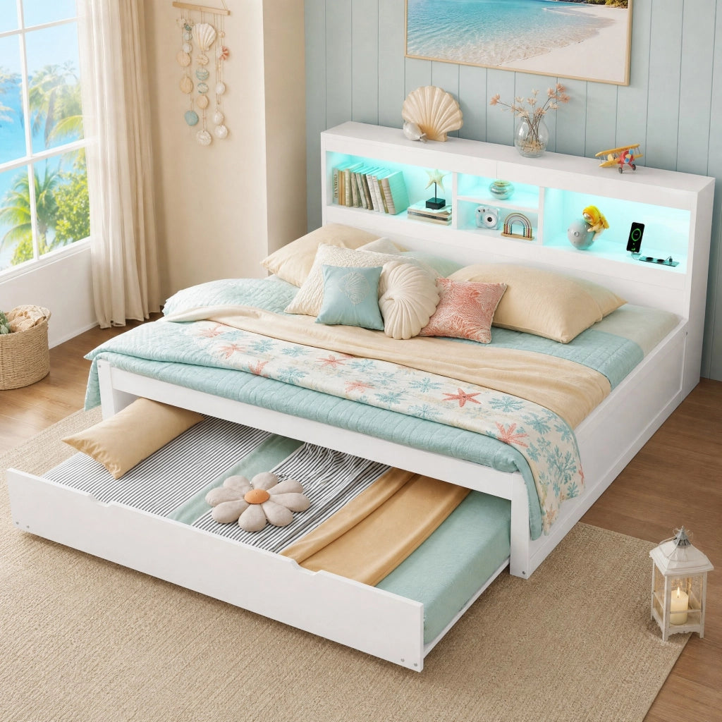LETTO estraibile 140x200 cm bianco con LED, presa, USB e vano laterale
