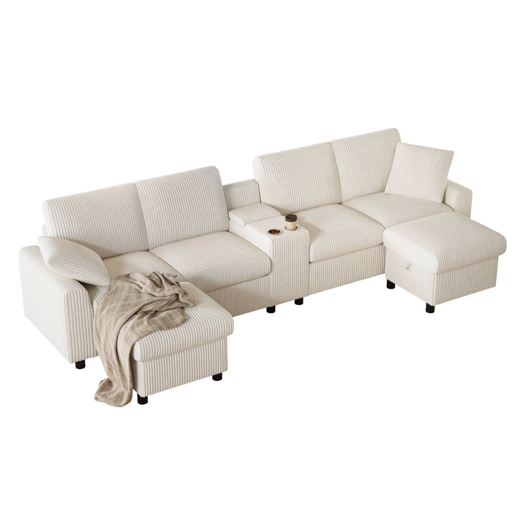 Divano modulare a U con contenitore; porte USB; prese e tavolino in velluto beige