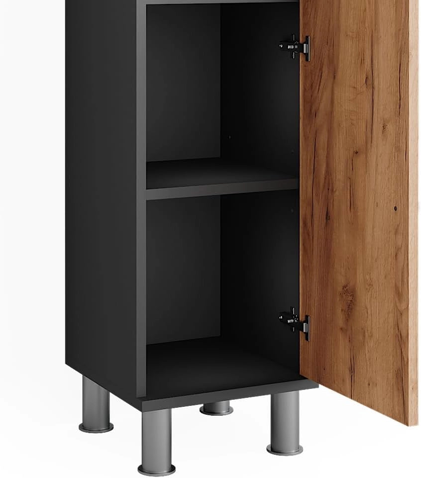 Set di mobili da bagno Fynn, Antracite/quercia dorata, 60 cm, composto da mobile lavabo, pensile a specchio, colonna e base media
