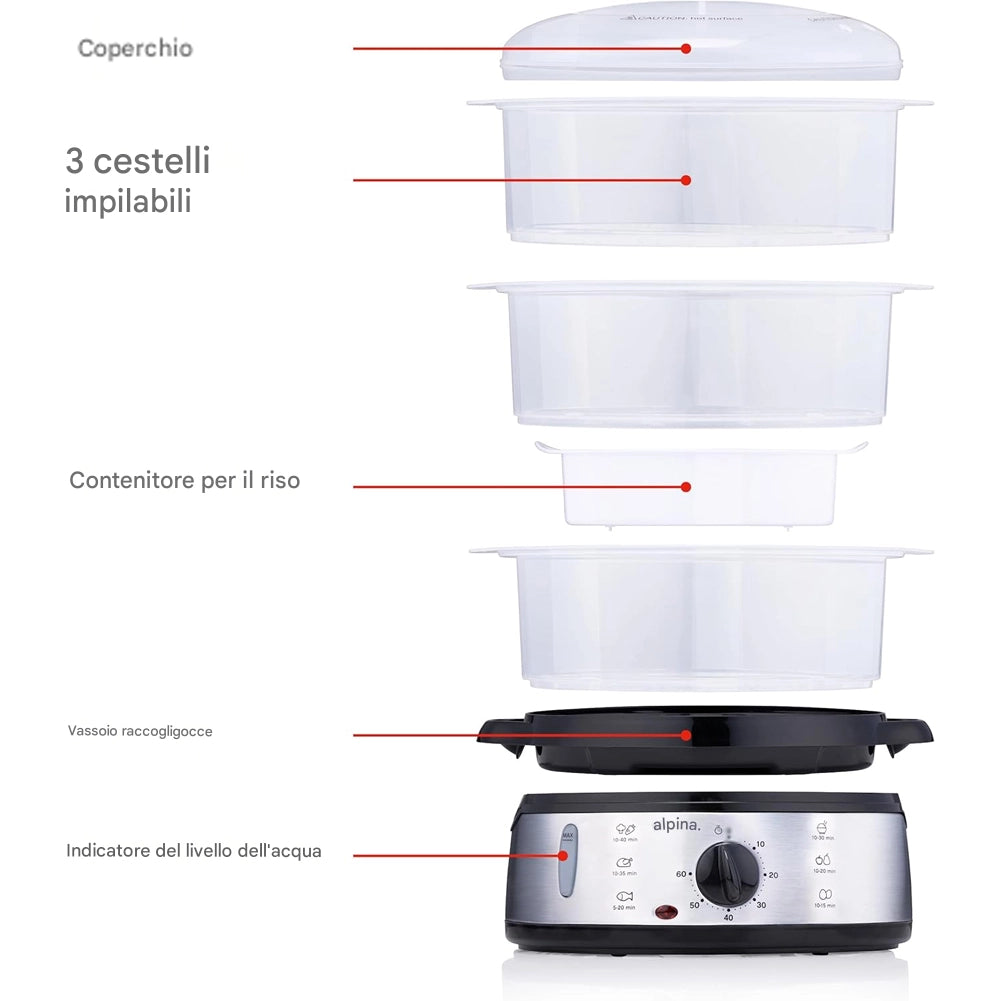 Vaporiera Elettrica Pentola a Vapore 800W a 3 Strati Capacità 9L con Timer