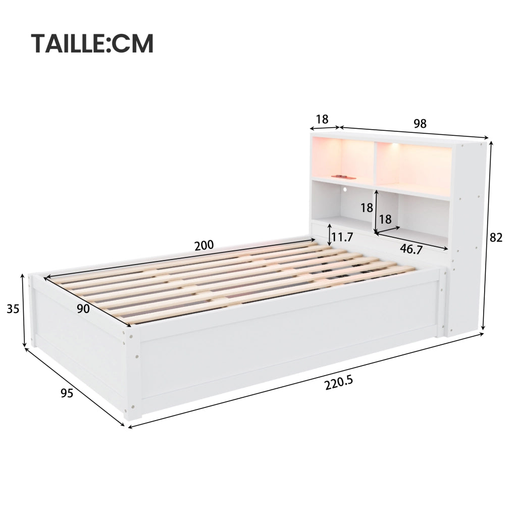 OKWISH Letto a divano 90×200 cm, Letto Singolo con Multipresa, 4 Vani Portaoggetti e LED, senza Materasso, in Legno, Bianco