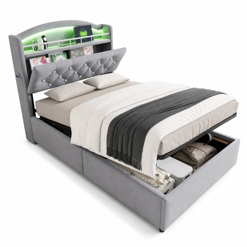 Letto imbottito per bambini 90x200 con contenitore, LED e USB