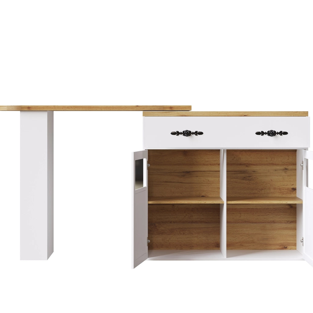 Tavolo bar 138-204x39x104 cm girevole con spazio contenitore in MDF bianco