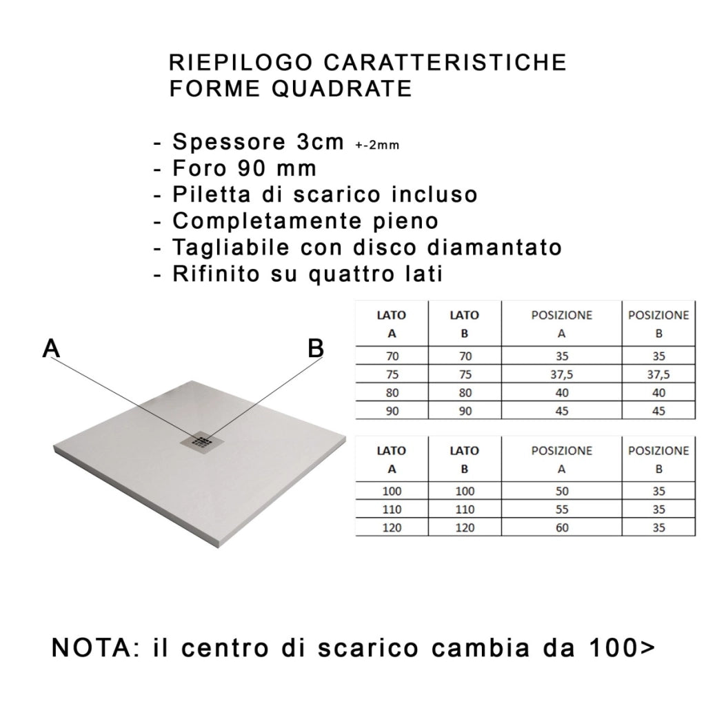 Piatto doccia in marmo resina bianco pietra cemento plus, misura 120x180