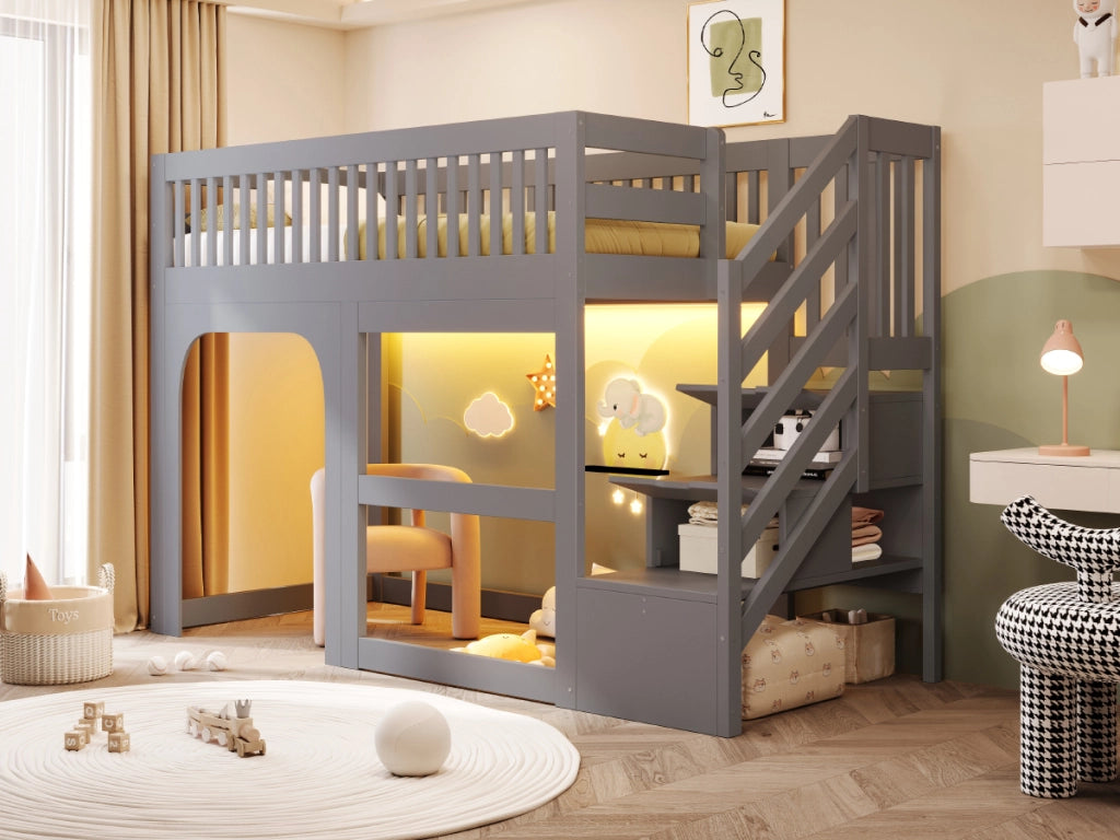 Letto a soppalco per bambini 90 × 200 cm con scala contenitore, LED e spazio aperto, senza materasso, grigio