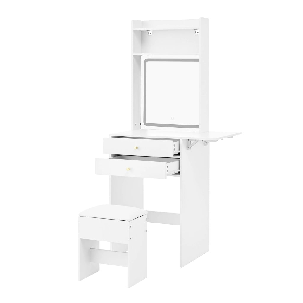 Tavolo da trucco pieghevole con illuminazione LED a 3 tonalit¨¤, 2 cassetti, 2 vani aperti, specchio e sgabello, bianco