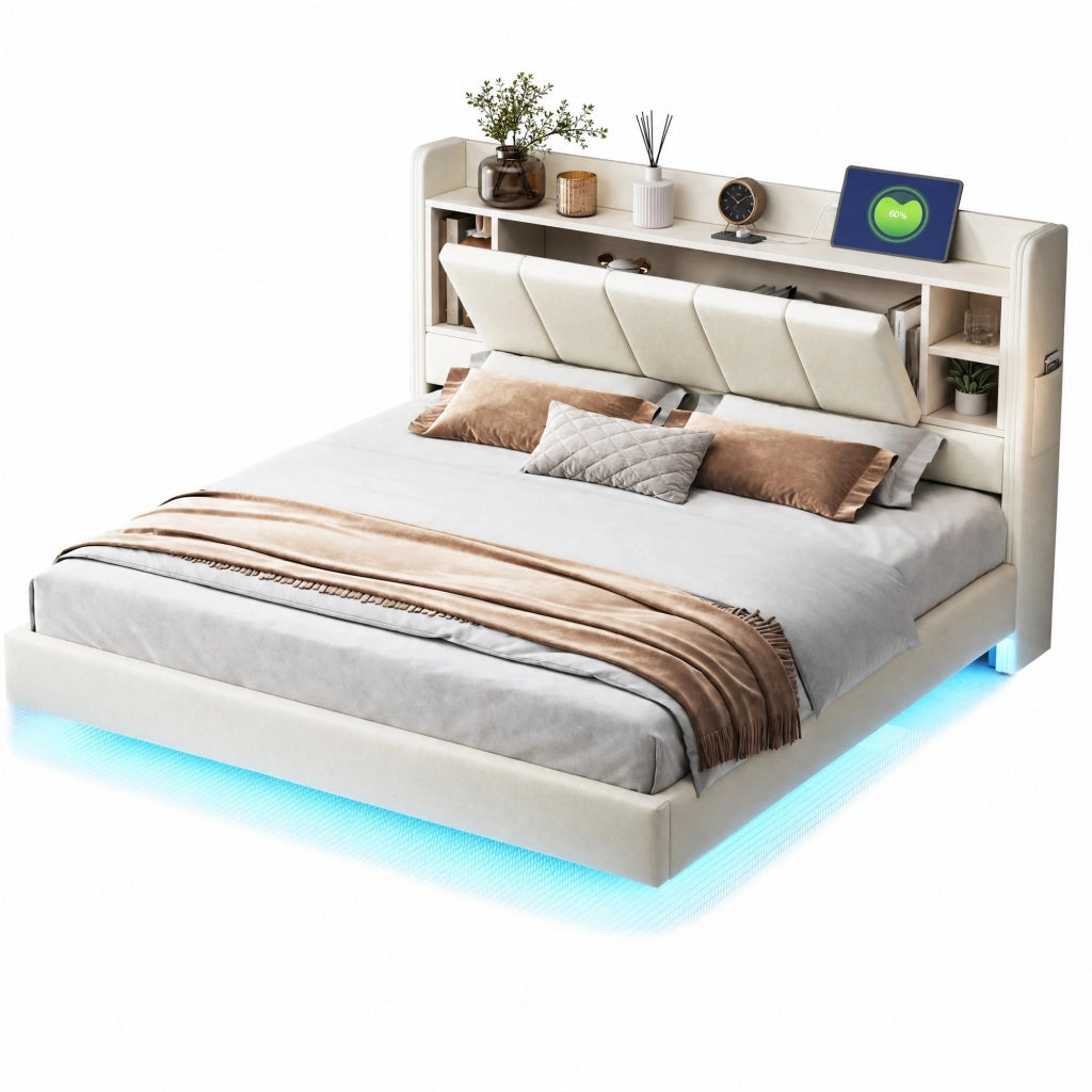 Letto matrimoniale imbottito 160x200 cm con LED; presa USB; contenitore e ripiani; beige