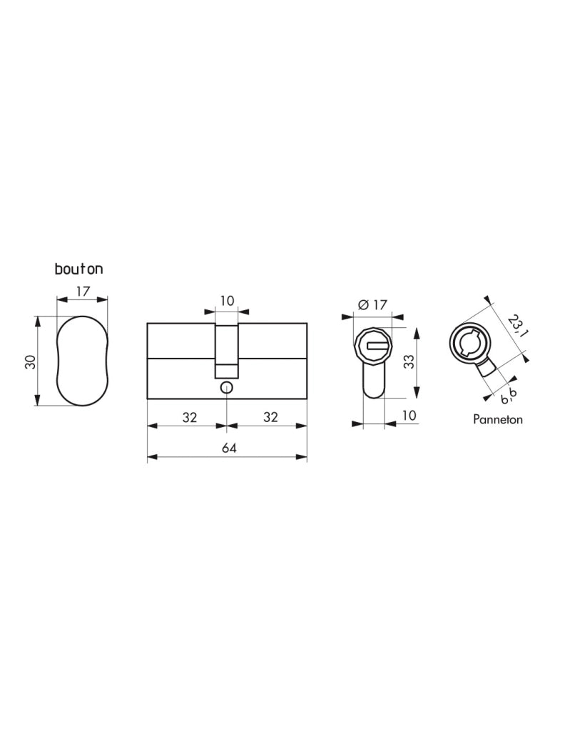 Cilindro europeo Federal S -  30BX30mm a pomolo  nichel, anti-sfilamento, anti-perforazione, 5 chiavi reversibili - THIRARD