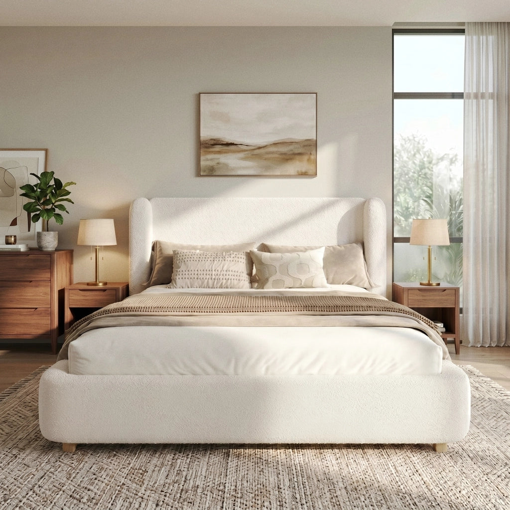 Letto Matrimoniale 180 x 200 cm; Testiera Imbottita e Struttura in Metallo; Beige Bouclé