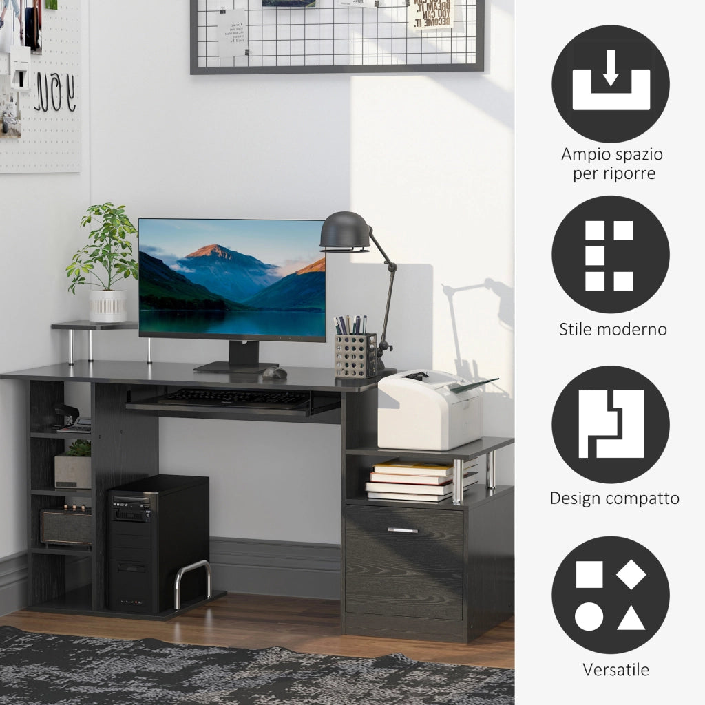 Scrivania per Computer Moderna con Cassetti, Ripiani e Tastiera Estraibile, Scrivania da Ufficio per Casa in Legno Nero 152x60x88cm