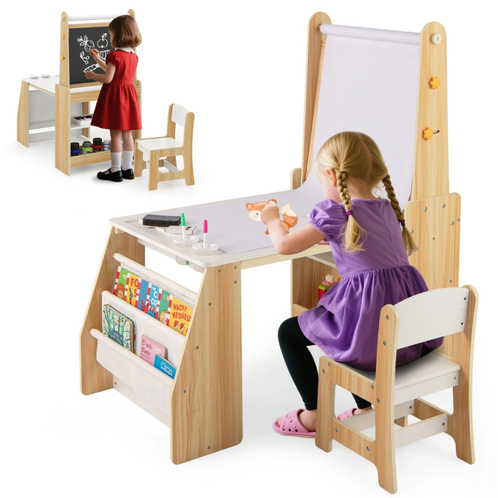 Tavolo da attivit¨¤ multifunzionale con lavagna e sedia lavagna bianca-Set tavolo e sedia per bambini 2 ripiani rotolo di carta Naturale