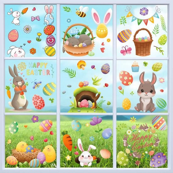 Sticker Pasquale per Finestra, 9 Fogli di Adesivo Riciclabile con Uova di Pasqua e Coniglio, Decorazione Pasquale per la Camera dei Bambini