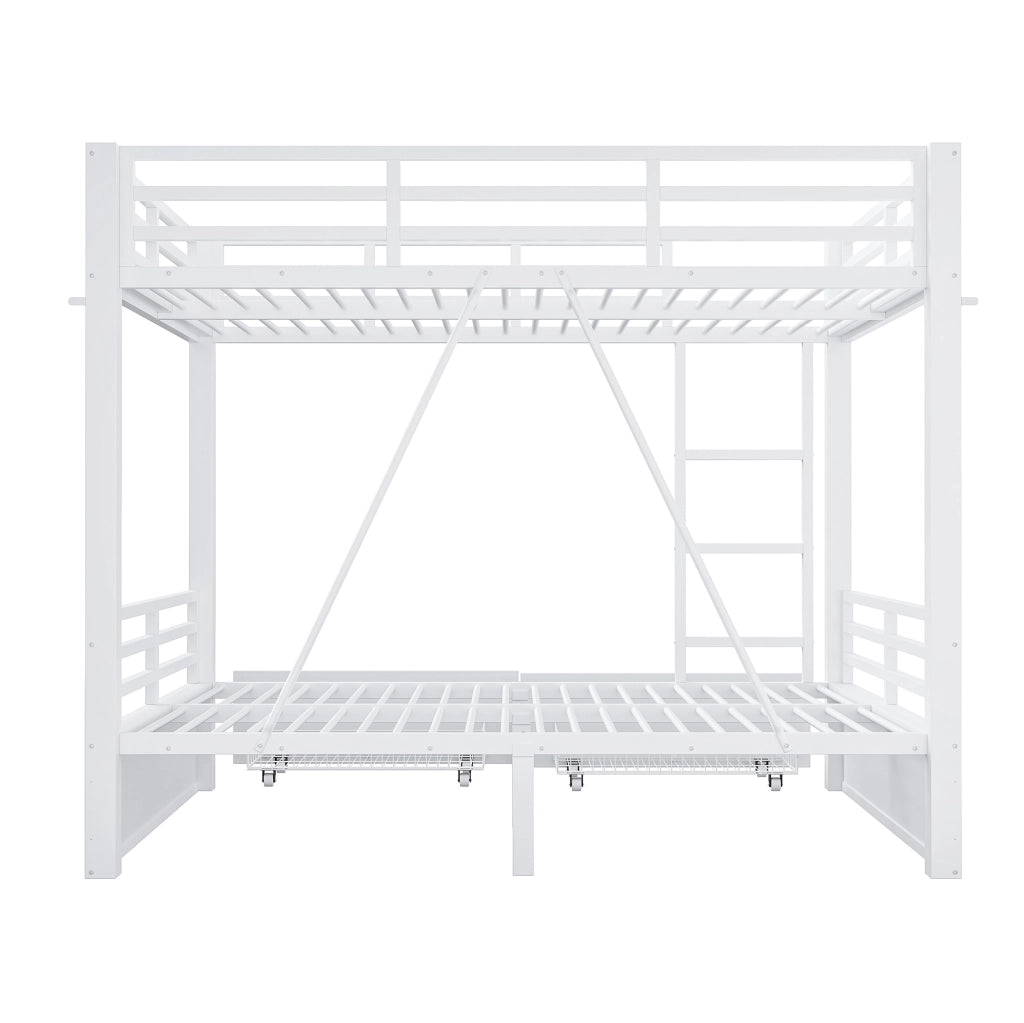 Letto a castello 140x200 cm con cassetti e scala in metallo e legno bianco