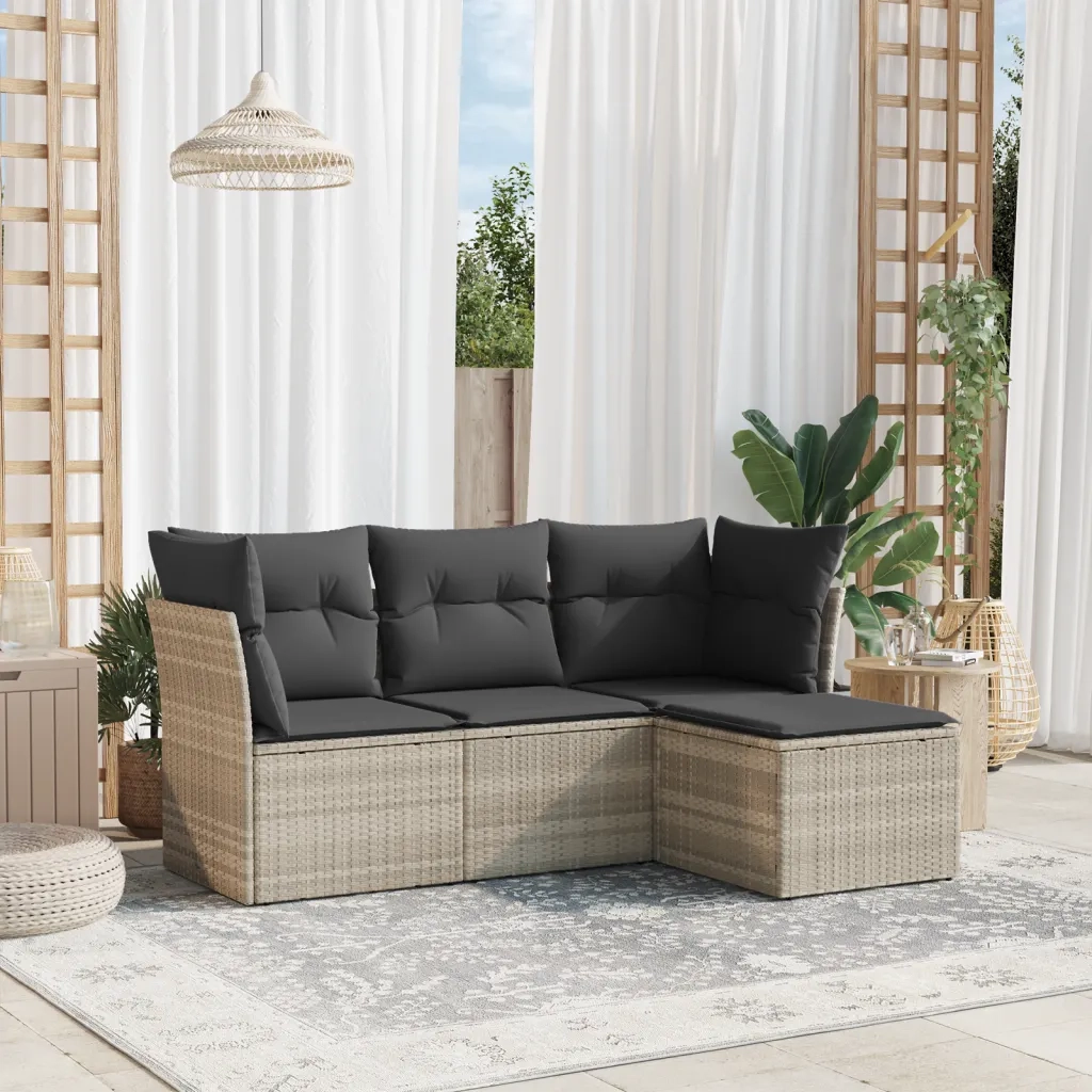 Set Divano da Giardino 4pz | Set Salotto da Giardino con Cuscini Grigio Chiaro Polyrattan