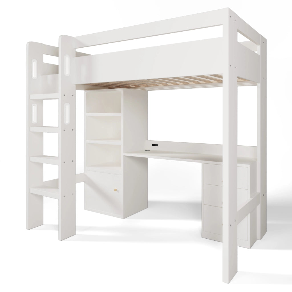 Letto soppalcato per bambini; 90x200cm; scrivania USB-C; armadio; deposito; senza materasso