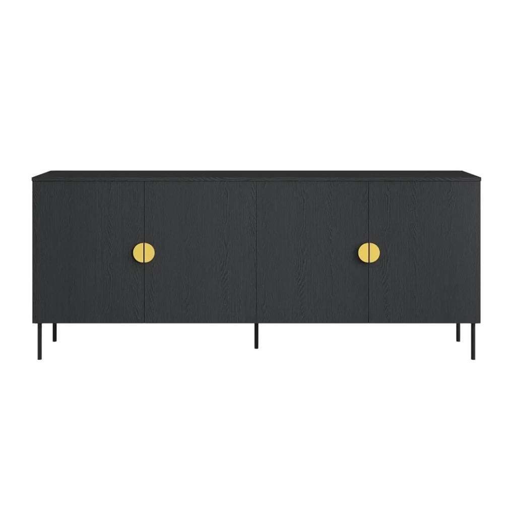Buffet 4 porte MONDO – Nero opaco, piedi in metallo e maniglie dorate – Design moderno
