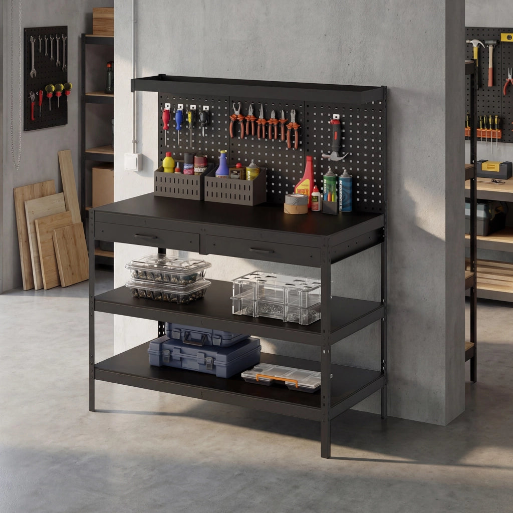 Banco da lavoro regolabile con pannello forato e 2 cassetti ¨C Zephmum ¨C 122x61x156 cm, Nero