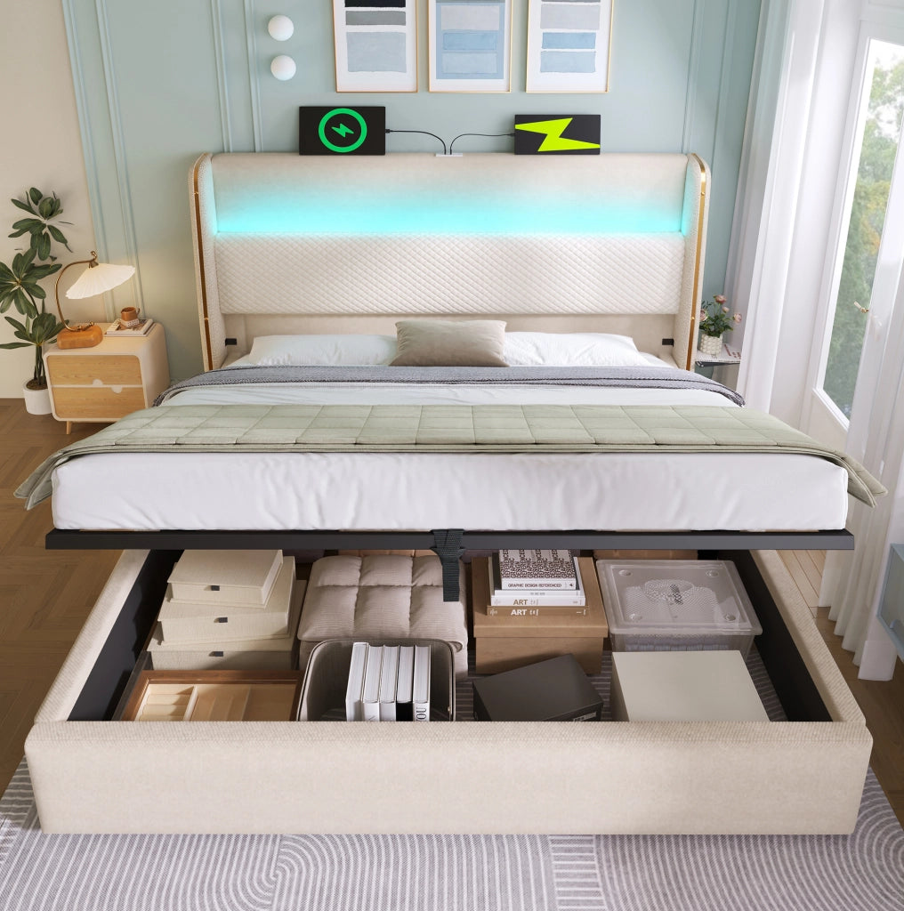 Letto matrimoniale 160x200 cm con testiera alta; contenitore idraulico; LED; USB e Type-C; beige in lino