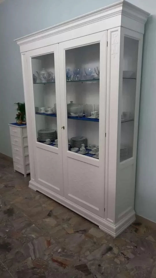 Vetrina classica decoro legno 2 porte shabby bianco 170x45x210 - Mobili 2G