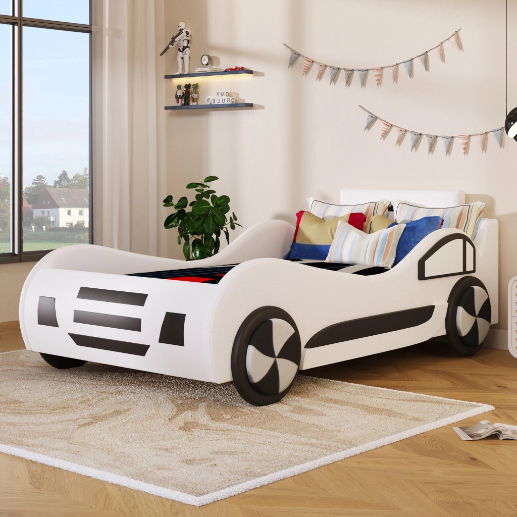 Letto auto per bambini 90 x 200 cm con rete a doghe e contenitore idraulico; MDF e PU; bianco
