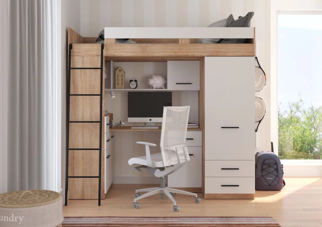 BIM Furniture letto soppalco con scrivania SMYK L cm110x204x188h Rovere Bianco