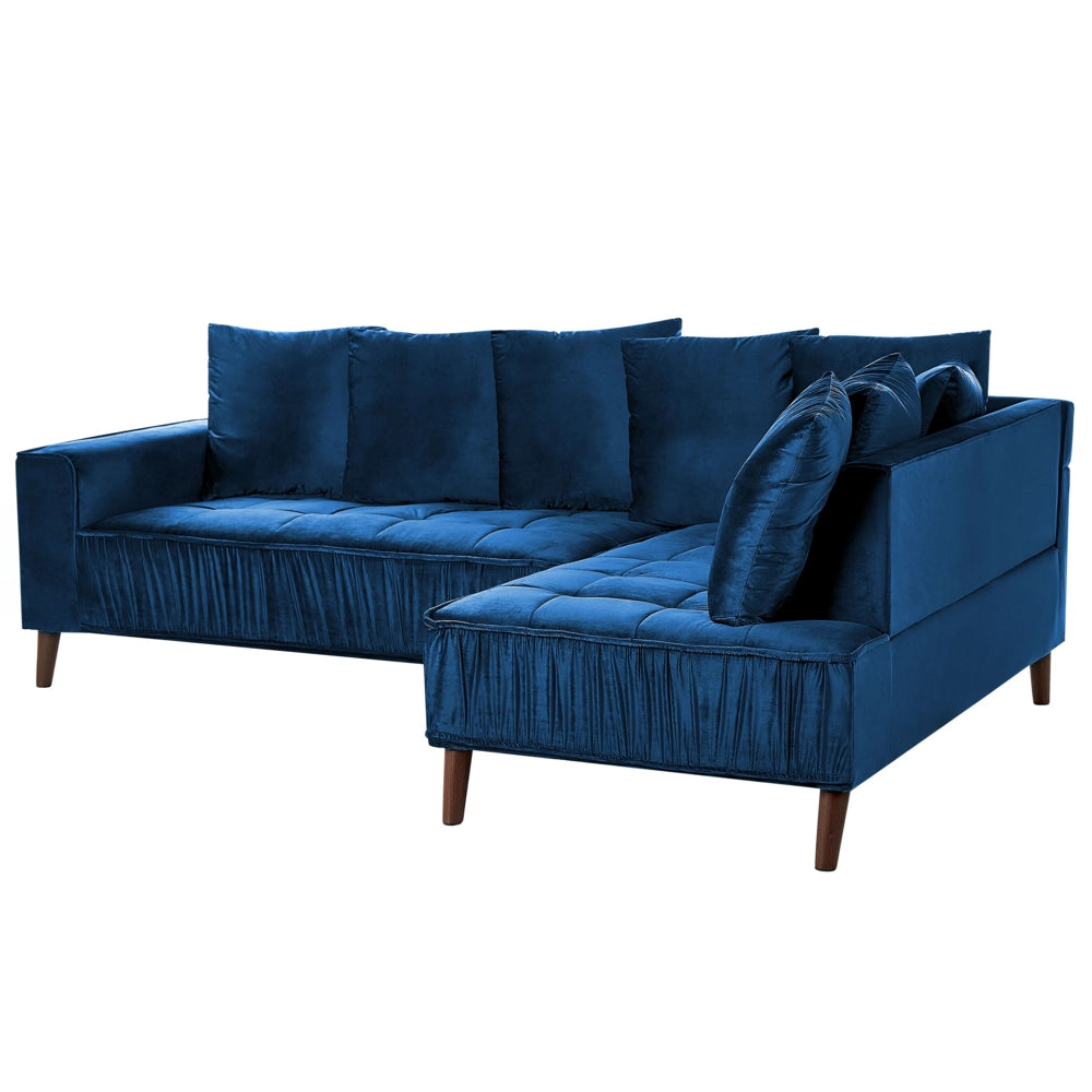 Divano ad angolo cuscini in tessuto di velluto blu navy gambe in metallo con finitura in legno