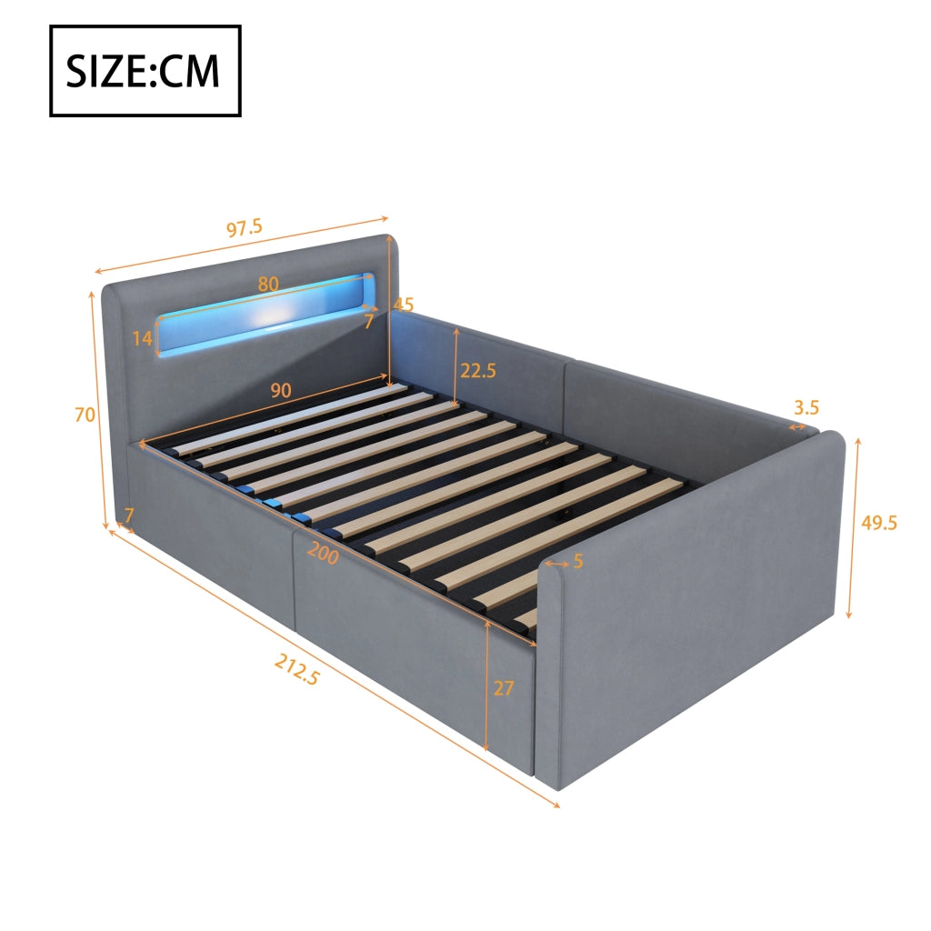 Letto 90x200 cm - Letto imbottito,Con luce notturna,Porta di ricarica USB,Con vani portaoggetti,Velluto,Funzione di accumulo idraulico,grigio
