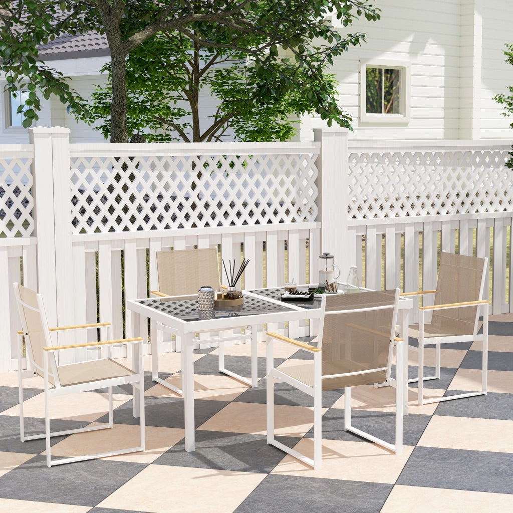 Set da Giardino con Tavolo da Pranzo in Vetro Rettangolare e 4 Sedie con Braccioli Multicolore