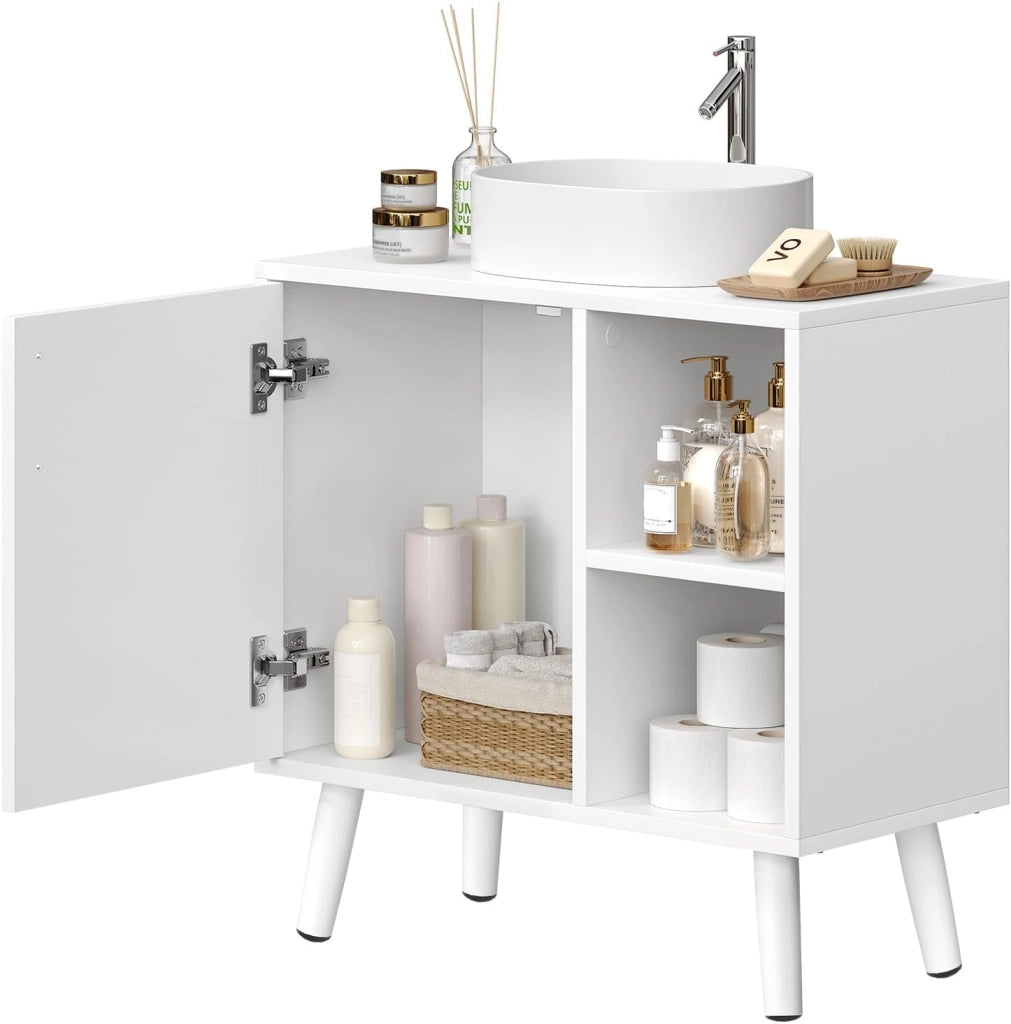 Mobile Bagno con Anta, Lavandino con 2 Vani a Giorno, Mobiletto da Bagno Freestanding, Legno Massiccio, Bianco, 60x30x60 cm