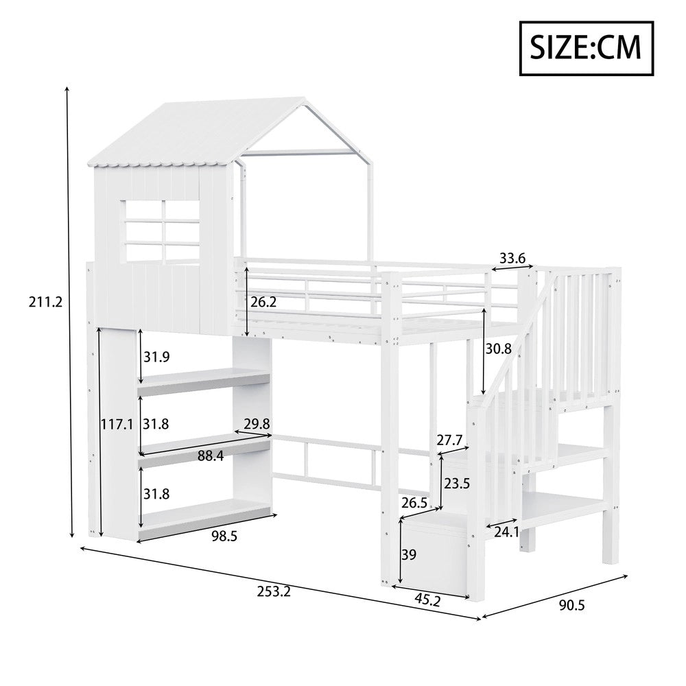 Letto a castello singolo - Zephmum- 90¡Á200 cm- Bianco- Casa design, griglia di sicurezza, scala regolabile