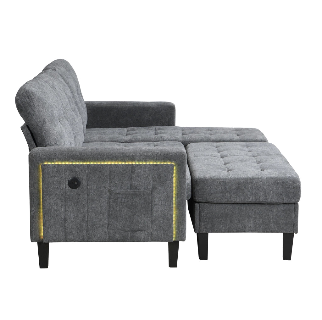 Divano letto a L 3 posti in ciniglia grigio antico con pouf mobile; LED e USB