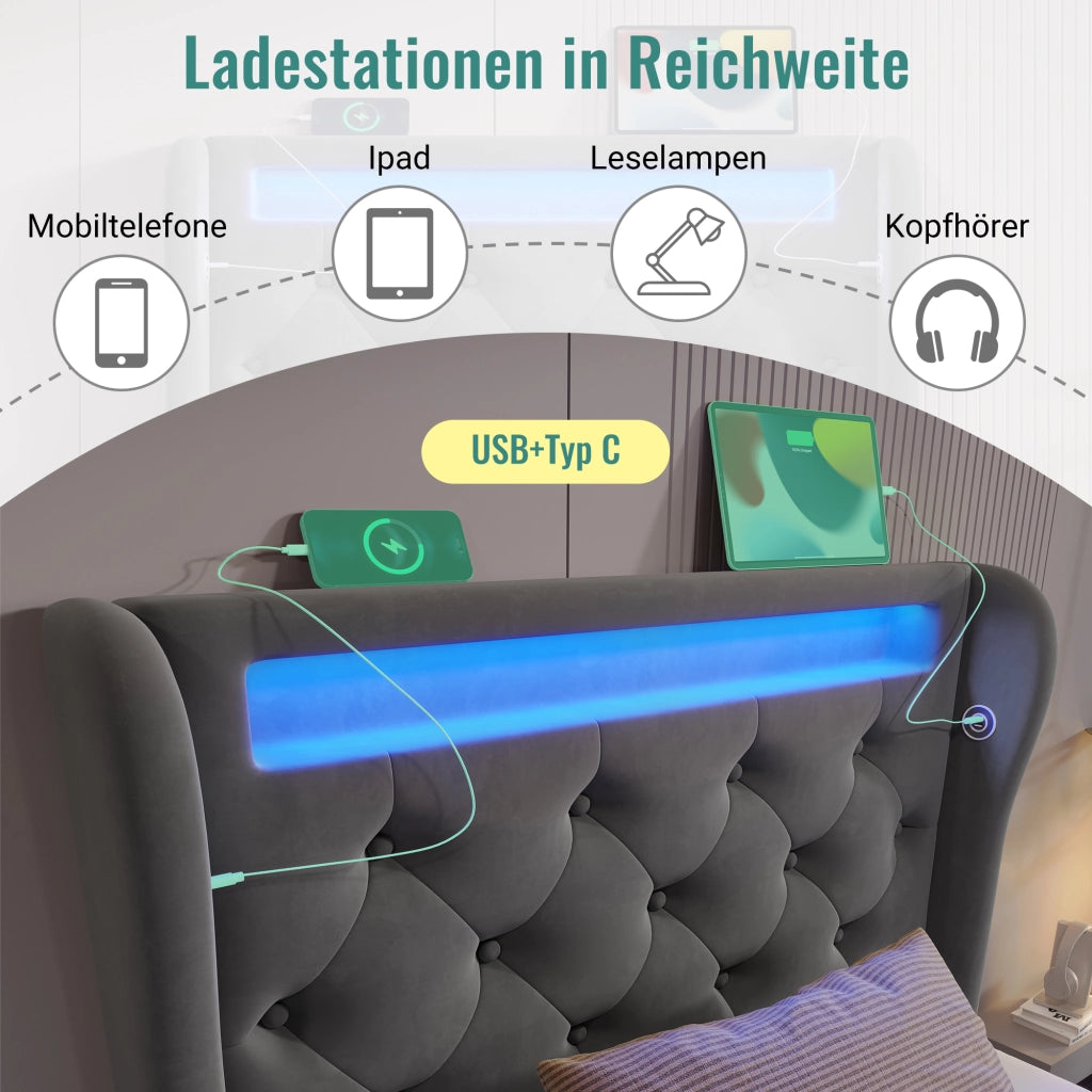 LETTO Imbottito contenitore 90x200 cm velluto grigio con LED, USB-C e materasso