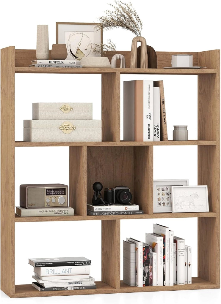 Libreria a Cubi con 7 Scomparti, Mensola Espositiva per l'Archiviazione, Libreria in Legno con Dispositivi Anti-Ribaltamento, per Studio Soggiorno, 80x20x90 cm (Naturale)