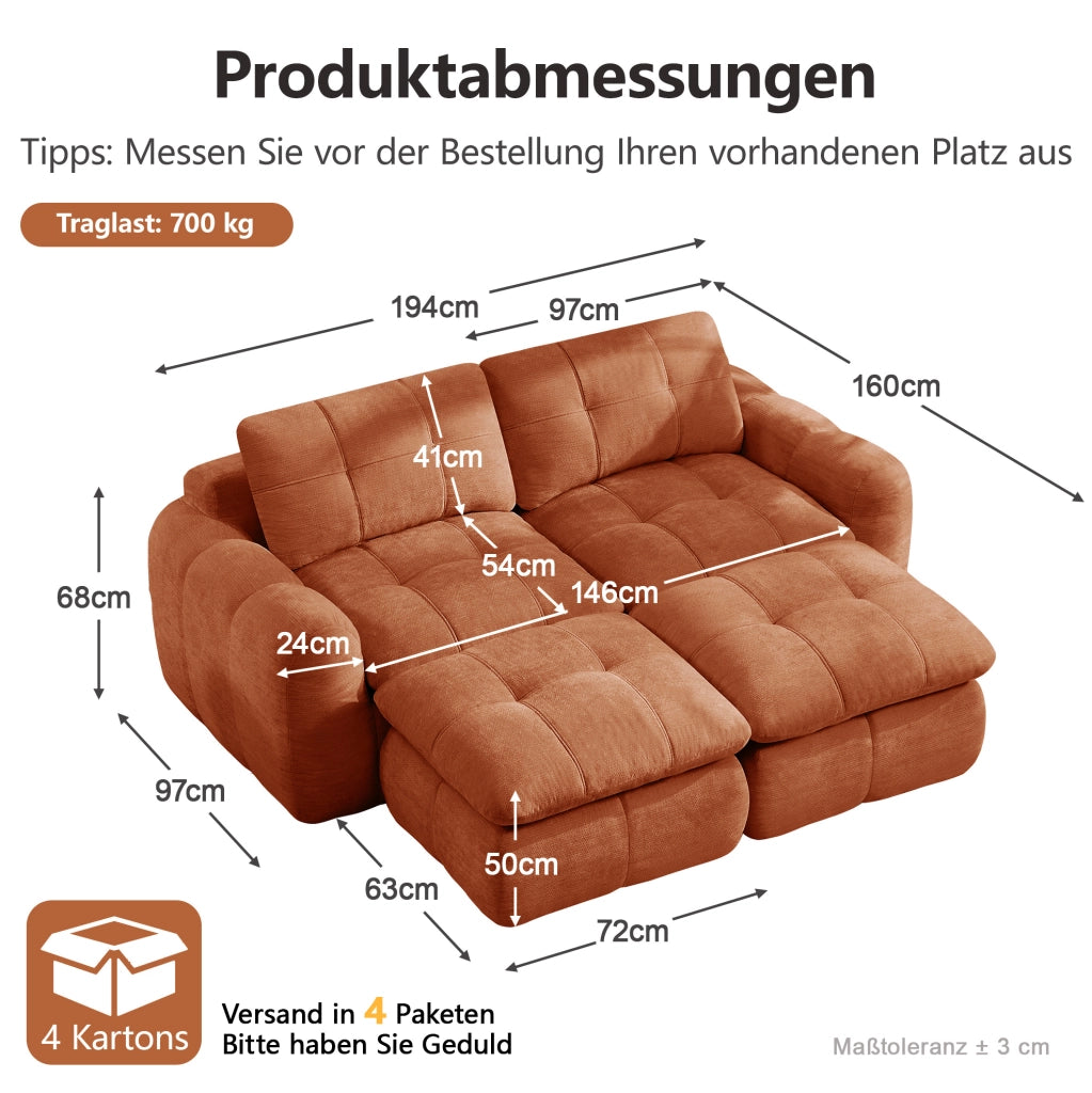 Divano modulare 2 posti con 2 pouf in chenille arancione; struttura senza telaio 194x160x68 cm
