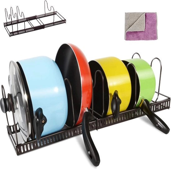 Sostegno per pentole, sostegno per pentola con 8 contenitori regolabili, cassetta per copricapo espandibile, organizzatore per la cucina per armadi, pentole, pentolini, 1 asciugamano da cucina inclusa
