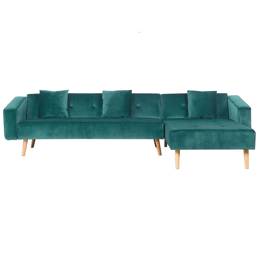 Divano letto ad angolo con 3 cuscini Rivestimento in velluto verde Gambe in legno chiaro Chaise longue reclinabile versione sinistra a 4 posti