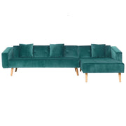 Divano letto ad angolo con 3 cuscini Rivestimento in velluto verde Gambe in legno chiaro Chaise longue reclinabile versione sinistra a 4 posti