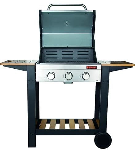 Sandrigarden 7876027 Oceania Barbecue a gas 3 fuochi 10,8 kW con bruciatori in acciaio inox griglie in ghisa smaltata pietra lavica e ripiani in legno (130x58x115 cm) colore Acciaio e Legno