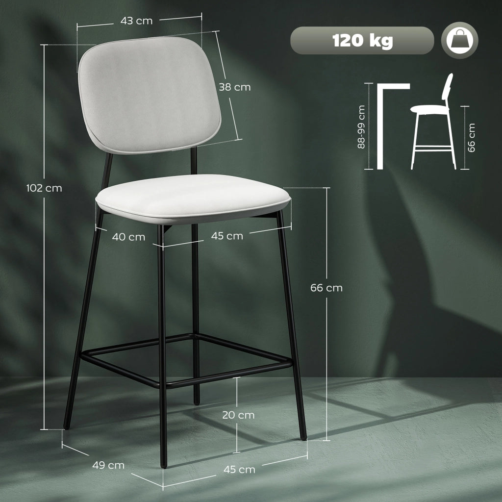 Set 2 Sedie da Bar con Poggiapiedi ¨C Zephmum ¨C Grigio Chiaro Velluto Metallo 45x49x102 cm