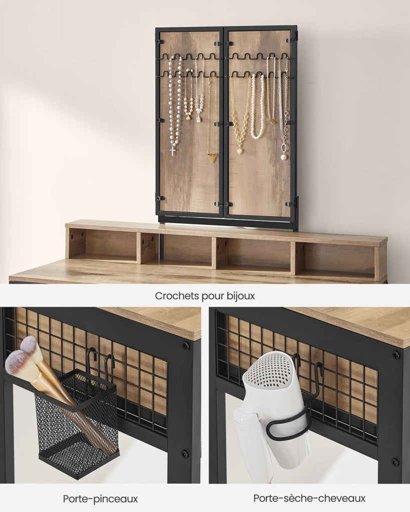 Set da toeletta con sgabello 40 x 90 x 141 cm imbottito con triplo specchio 3 cassetti portaphon e contenitore portaoggetti. Stile industriale marrone rustico e nero. 12_0005420