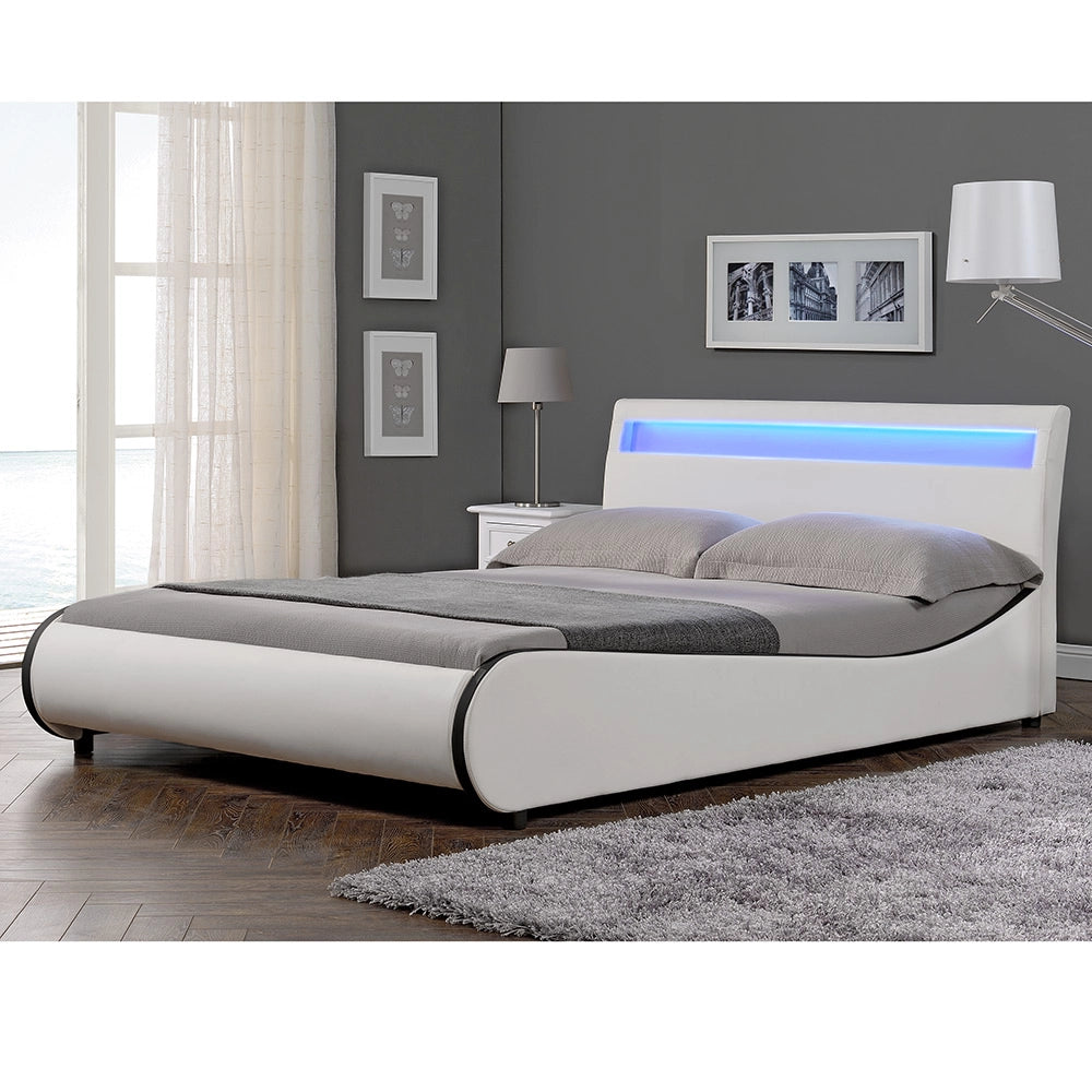 Letto Francese Imbottito Curvo 140x200 cm Testiera Alta con Illuminazione a LED Similpelle Bianco Corium