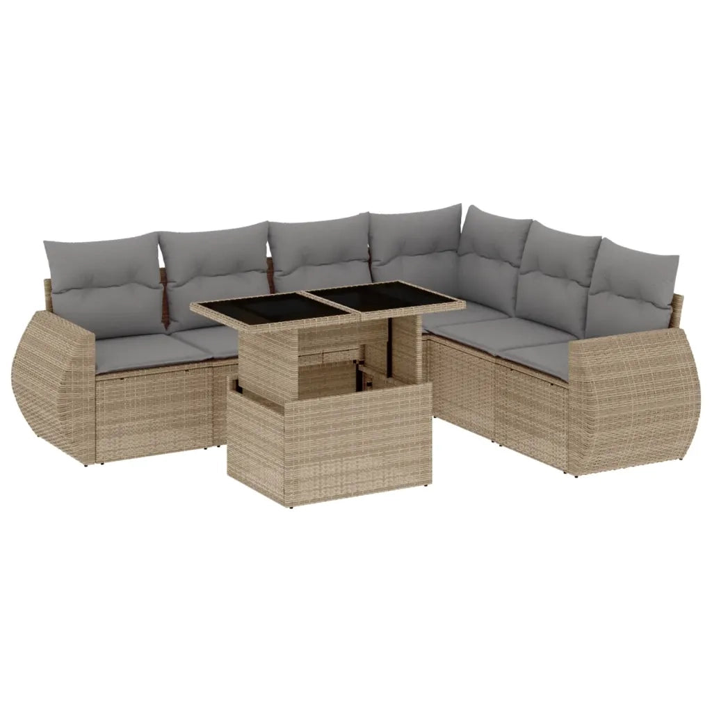 Set Divani da Giardino 7 pz con Cuscini Beige in Polyrattan