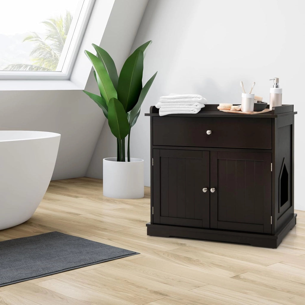 Mobile per Lettiera Gatti in Legno, con Portaoggetti, 2 Ante, Cassetto e Ingresso Laterale, Mobiletto Multiuso per Ingresso e Soggiorno, 76 x 53 x 74 cm, Carico Massimo 30 kg (Caffè)