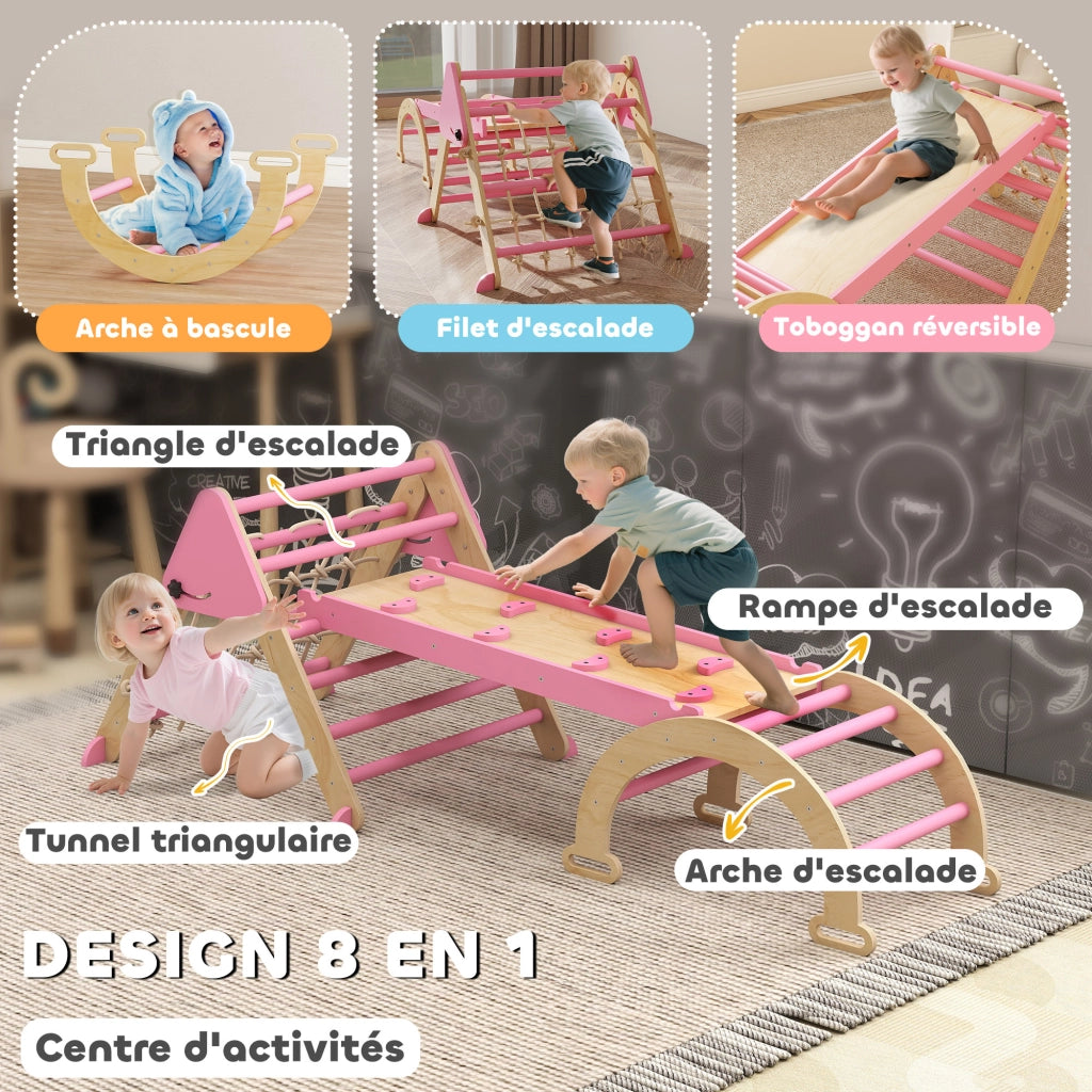 Triangolo arrampicata bambini 8 in 1 con rampa, arco in legno con scivolo e scala ¨C Xylo ¨C rosa