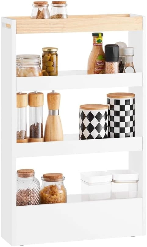 Carrello Cucina Salvaspazio con Ruote 15cm Larghezza – Mobiletto Cucina Stretto con 3 Ripiani, Scaffale Cucina e Portaoggetti per Bagno o Ufficio, Bianco ed Effetto Legno 80x15x50cm NSR12-W